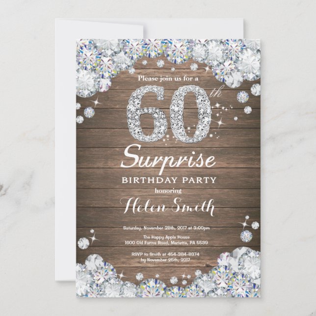 Convites Rustic Surprise 60th Birthday Silver Diamond (Frente)