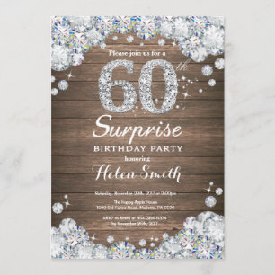 Convites Rustic Surprise 60th Birthday Silver Diamond
