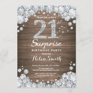 Convites Rustic Surprise aniversário de 21 anos Silver Diam