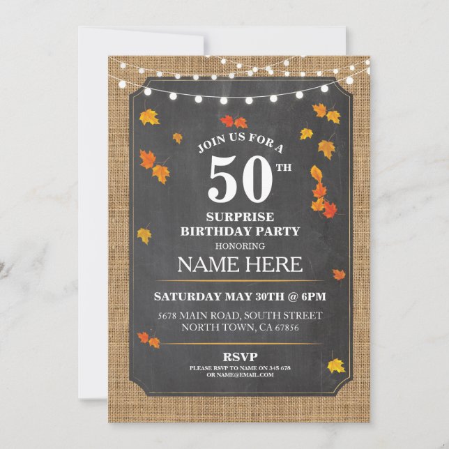 Convites Rustic Surprise Birthday Fall Party 50th Conite (Frente)