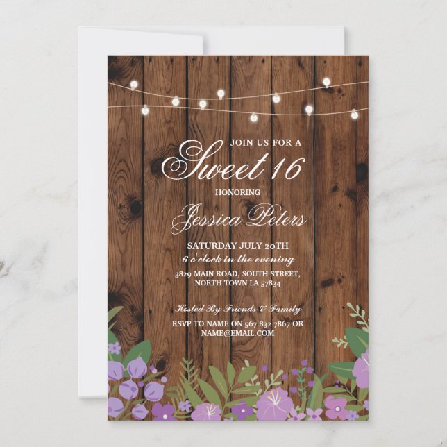 Convites Rustic Sweet 16 Floral Wood Invite (Frente)