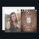 Convites Rustic Sweet 16 Mason Jar Luz Aniversário<br><div class="desc">Este design apresenta um pote de mason com um arco e luzes de cordas em um fundo de madeira rústica e espaço para uma foto. Clique no botão personalizar para obter mais flexibilidade na modificação do texto ou na movimentação dos gráficos! No nosso compro, estão disponíveis variantes desta design, bem...</div>