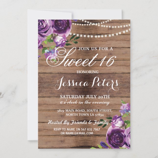 Convites Rustic Sweet 16 Party Floral Wood Purple Invite (Frente)