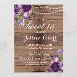 Convites Rustic Sweet 16 Party Floral Wood Purple Invite