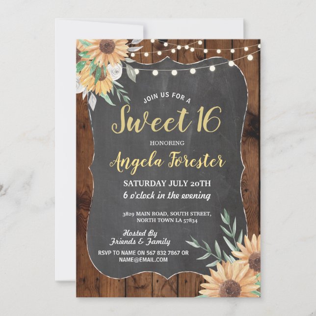 Convites Rustic Sweet 16 Party Wood Floral Luzes Sunflower (Frente)
