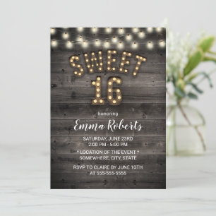 Convites Rustic Sweet 16 String Lights Barn Wood Aniversár