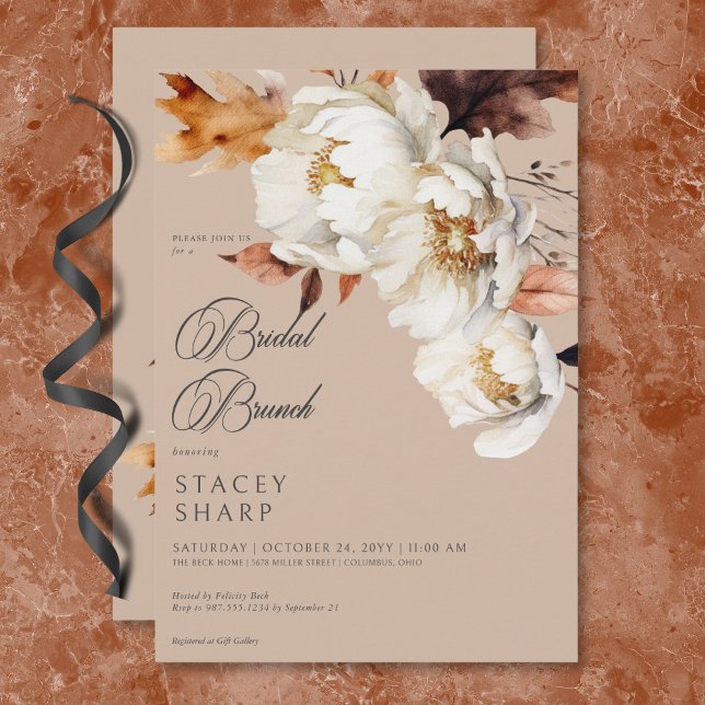 Convites Rustic Tan & Cream Fall Floral & Sai Brunch (Rustic Tan & Cream Fall Floral & Leaves Brunch Invitation)