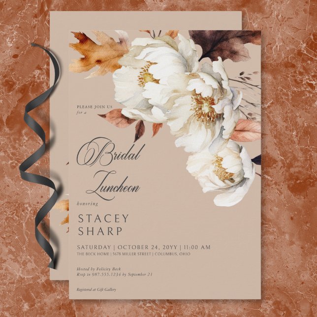 Convites Rustic Tan & Cream Fall Floral & Sai Lunchedo (Rustic Tan & Cream Fall Floral & Leaves Luncheon Invitation)