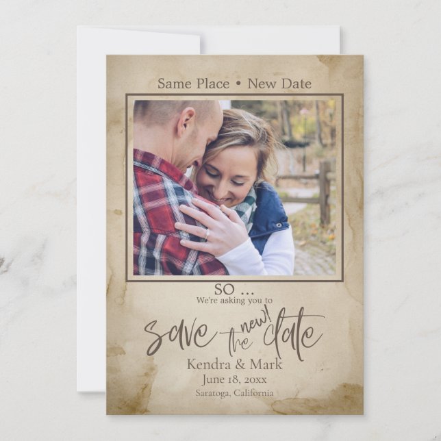 Convites Rustic Tea Stain Your Photo Save the NEW Date (Frente)
