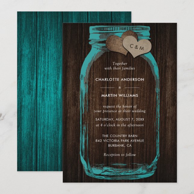 Convites Rustic Teal Mason Jar Wood Hearts Monogram Wedding (Frente/Verso)