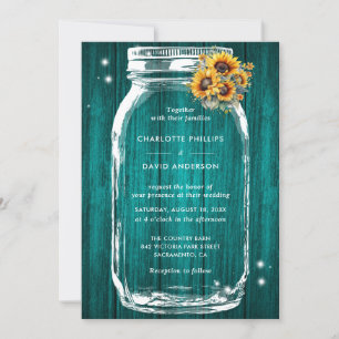 Convites Rustic Teal Sunflower Jar Wedding
