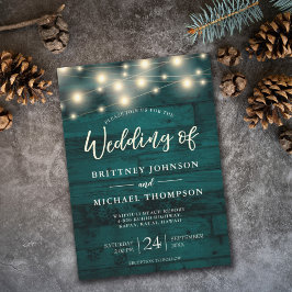 Convites Rustic Teal Wood String Lights Wedding Invitation