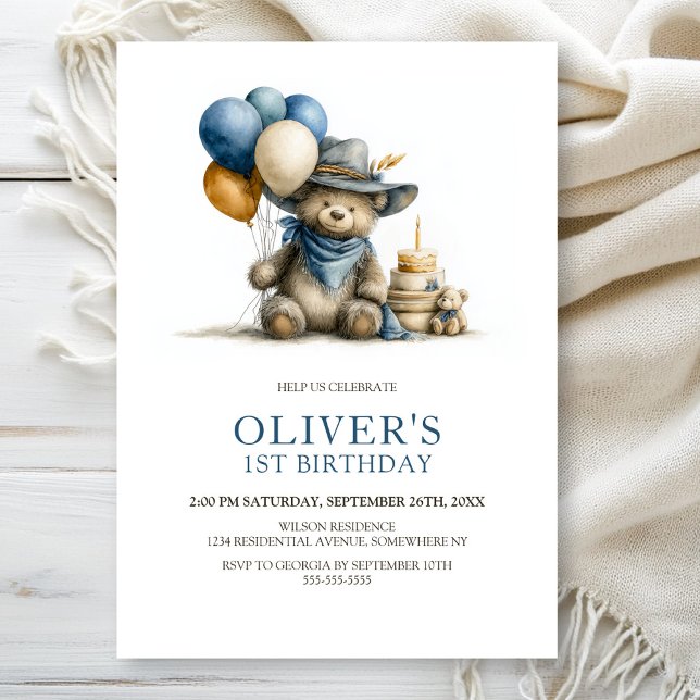 Convites Rustic Teddy Bear 1st Birthday Party Invitation (Criador carregado)