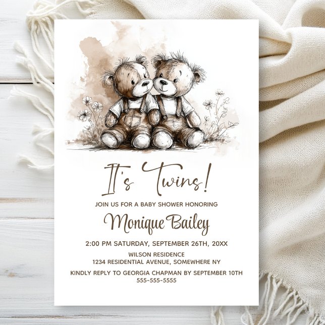 Convites Rustic Teddy Bear Twins Baby Shower (Criador carregado)