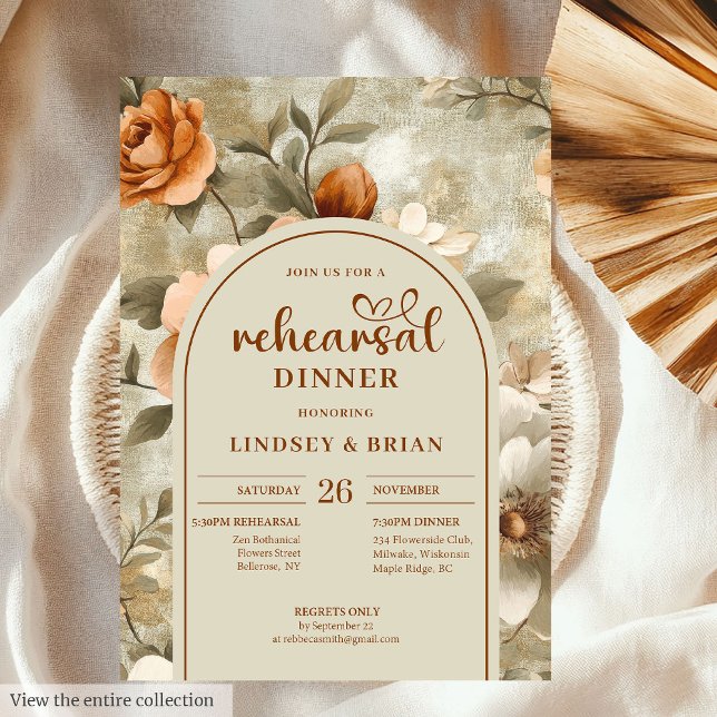 Convites Rustic Terracotta Beige Olive Floral Rehearsal  (Rustic Terracotta Beige Olive Floral Rehearsal Invitation)
