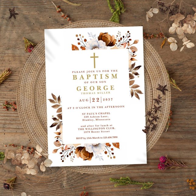 Convites Rustic Terracotta Boho Floral Moderno Batismo (Rustic Terracotta Boho Floral Modern Baptism Invitation)