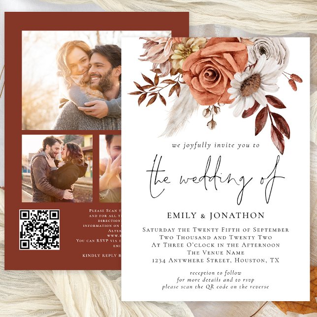 Convites Rustic Terracotta Fall Florals 3 Fotos QR Casament (Available digitally or printed)
