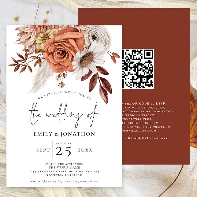 Convites Rustic Terracotta Fall Florals Código QR Casamento (Avaialble digitally or printed)