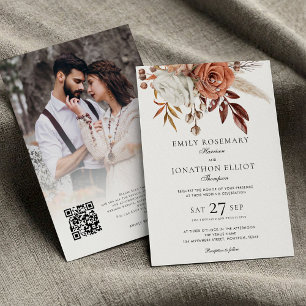 Convites Rustic Terracotta Florals Foto QR Casamento Formal