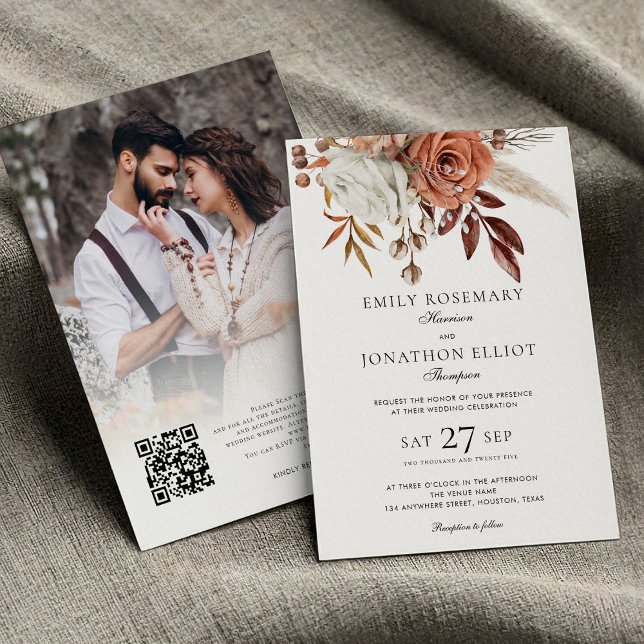 Convites Rustic Terracotta Florals Foto QR Casamento Formal (Front and Back view)