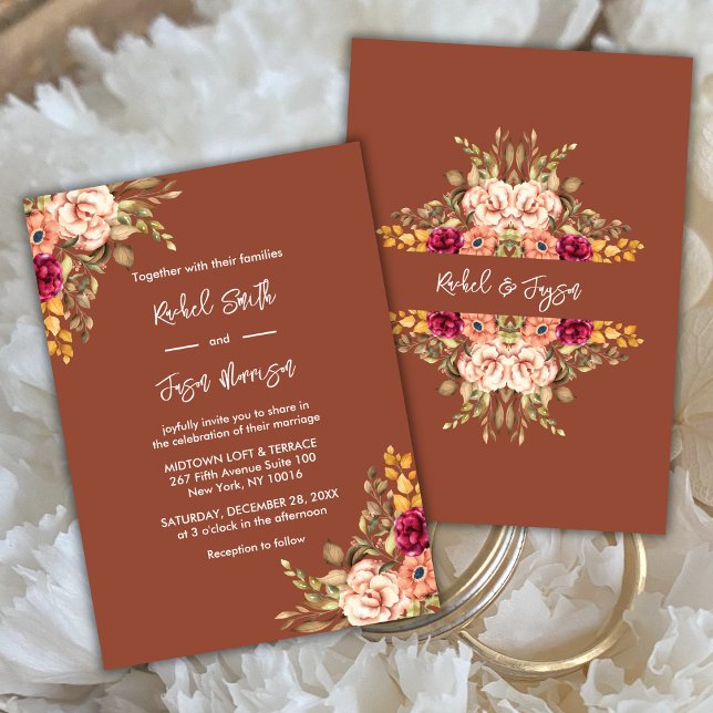 Convites Rustic Terracotta Watercolor Autumn (Lovely Romantic Terracotta Wedding Invitation with Watercolor Flowers)