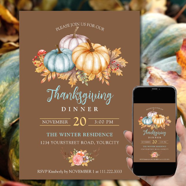 Convites Rustic Thankand florpkins castanho (Thanksgiving dinner invitations fall colors pumpkins leaves rustic brown blue yellow color)