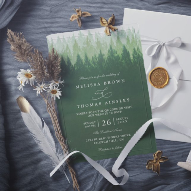 Convites Rustic Trees Pine Forest  Elegant QR Code Wedding (Criador carregado)