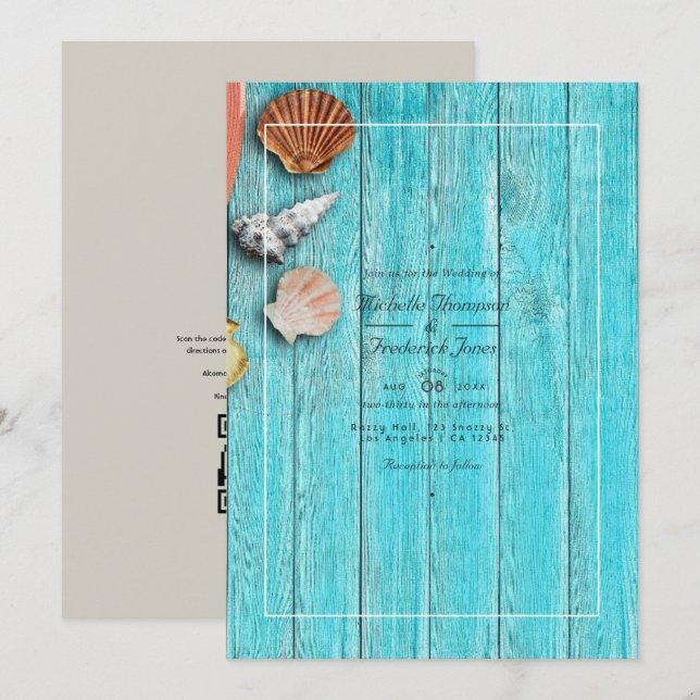Convites Rustic Turquoise QR Code RSVP Beach Weding (Frente/Verso)