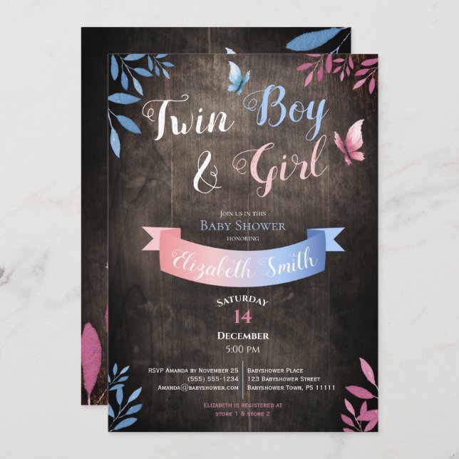 Convites Rustic Twin Boy and Girl watercolor babyshower (Frente/Verso)