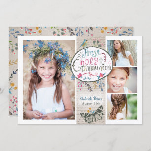 Convites Rustic Vintage Beige First Santa Communion floral