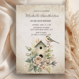 Convites Rustic Vintage Birdhouse Flowers 100º Aniversário