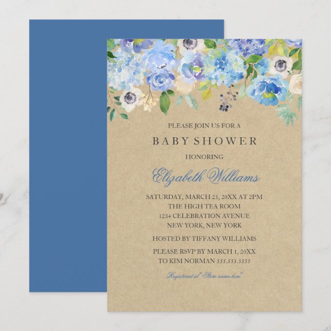 Convites Rustic Vintage Blue Floral Boy Invite (Frente/Verso)