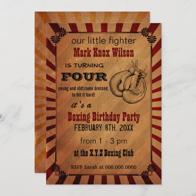 Convites Rustic Vintage Boxing Birthday Invtions (Frente/Verso)