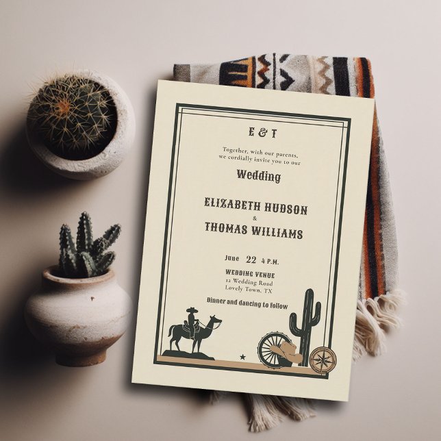 Convites Rustic Vintage Cowboy Casamento Elegante (rustic vintage cowboy wedding invitation country western elegant frame horse hat cactus illustration)