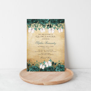 Convites Rustic Vintage Green Floral Butterfly Quinceañera