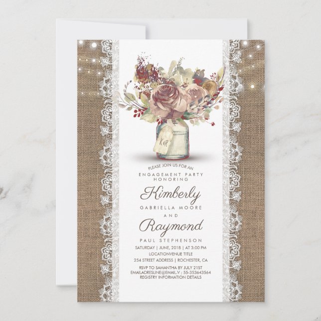 Convites Rustic Vintage Mason Jar | FESTA DE NOIVADO (Frente)