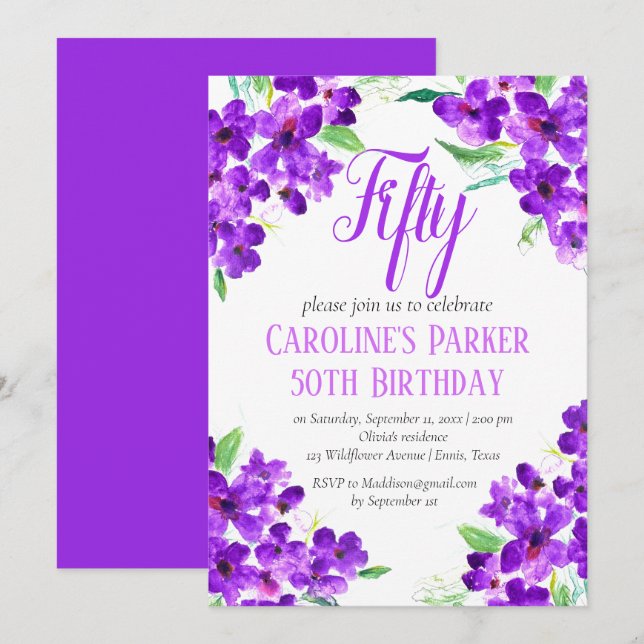 Convites Rustic Violet 50th Birthday Purple Floral (Frente/Verso)