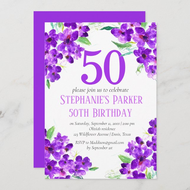Convites Rustic Violet 50th Birthday Purple Floral (Frente/Verso)
