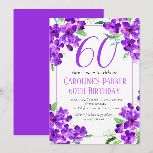 Convites Rustic Violet 60th Birthday Purple Floral (Frente/Verso)