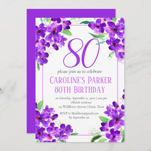 Convites Rustic Violet 80 Birthday Purple Floral (Frente/Verso)