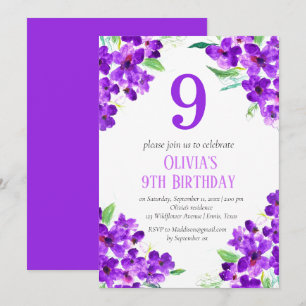 Convites Rustic Violet 9º Aniversário Púrpura Floral