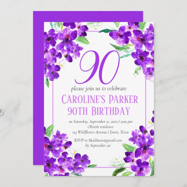 Convites Rustic Violet 90 Birthday Purple Floral (Frente/Verso)