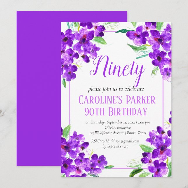 Convites Rustic Violet 90 Birthday Purple Floral (Frente/Verso)