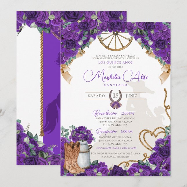 Convites Rustic Violet Purple Western Charro Quinceañera (Frente/Verso)