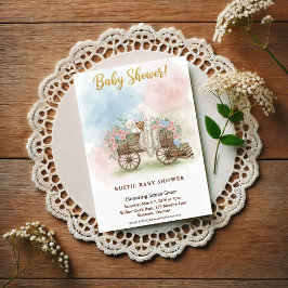 Convites Rustic Wagon Watercolor Floral Baby Shower