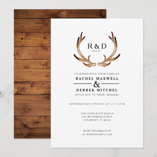 Convites Rustic Watercolor Antler | Casamento simples (Frente/Verso)