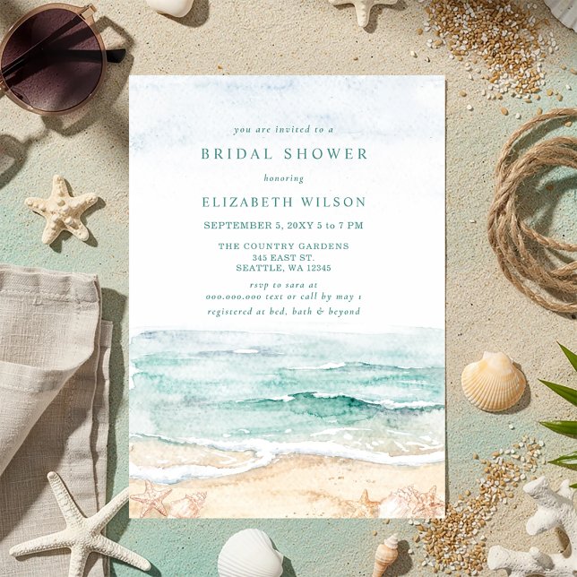 Convites Rustic Watercolor Beach Bridal Shower (Rustic Watercolor Beach Bridal Shower Invitation)