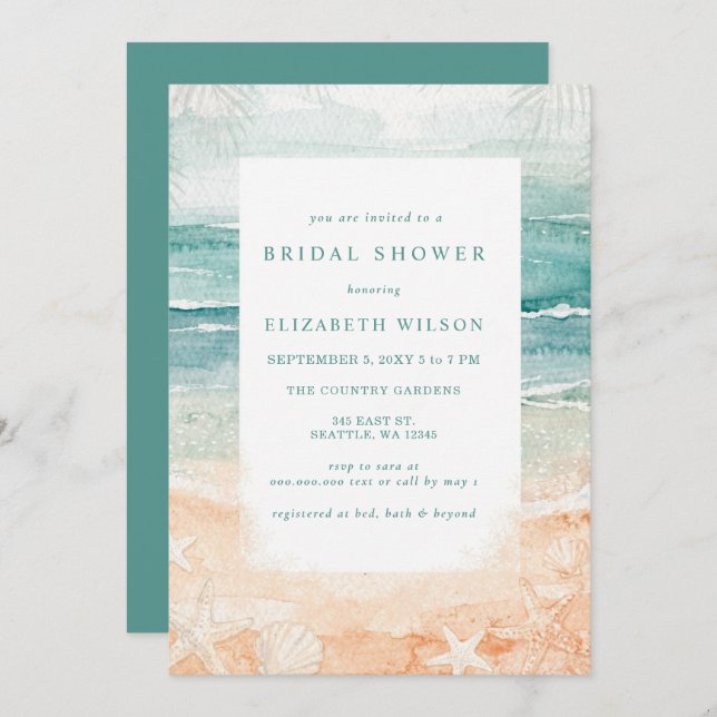 Convites Rustic Watercolor Beach Bridal Shower (Frente/Verso)