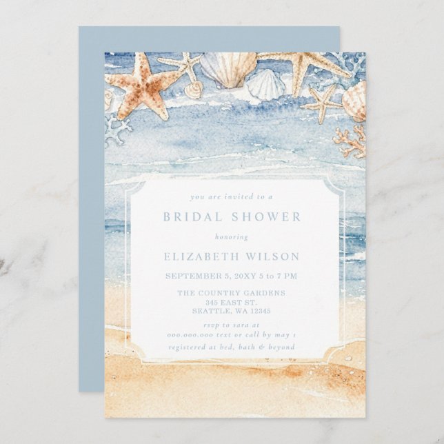 Convites Rustic Watercolor Beach Bridal Shower (Frente/Verso)