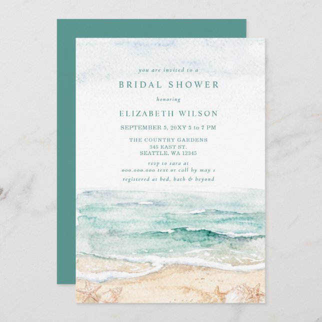 Convites Rustic Watercolor Beach Bridal Shower (Frente/Verso)